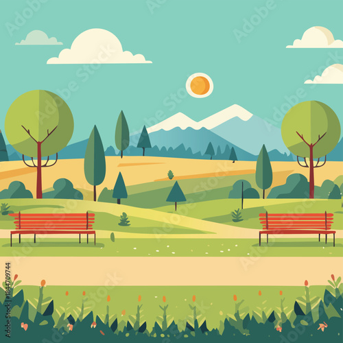 Vibrant cartoon park with a sunny sky and majestic snowy mountains