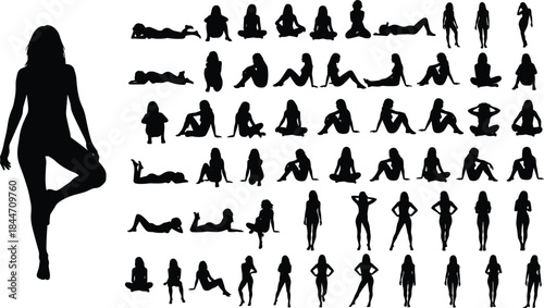 Female Silhouettes Mega Set of Woman Poses Standing Sitting Lying Relaxing Yoga Fitness Lifestyle Black Vector Illustration