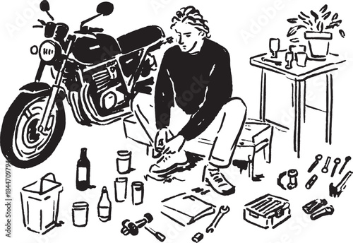 Mechanic working on a motorcycle in a garage. Simple black and white vector illustration depicting tools, bottles, and a plant in a set on a table.