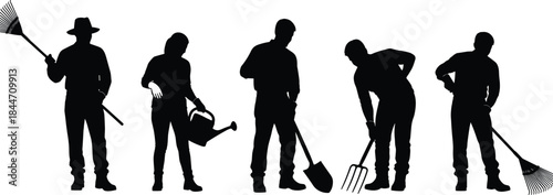 Garden Workers Silhouettes Set with Rake Shovel Fork and Watering Can Black Vector Illustration Isolated on White Background