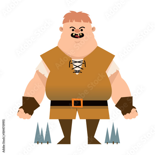 Menacing cartoon giant with a medieval outfit standing guard in a forest, perfect for fantasy games and children's stories about magical adventures