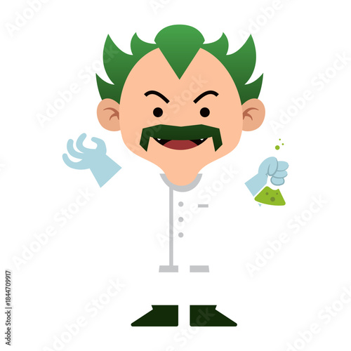 Mad scientist with wild green hair intensely experiments with bubbling green liquid in a flask, showcasing a comical yet intriguing scientific discovery.