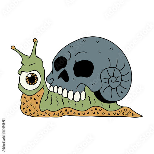 Whimsical snail creature with a skull for a shell and one large, curious eye, embodying a unique blend of macabre and playful fantasy for creative projects.