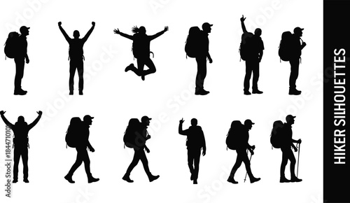 Hiker Silhouettes Set of Backpackers Walking Standing Jumping Celebrating Outdoor Adventure Travel Black Vector Illustration Collection Isolated White Background Design