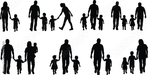 Happy Family Walking Together Silhouette Set with Parents and Children Holding Hands Black Vector Illustration Isolated on White
