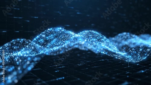 Abstract Blue Data Wave - A digital wave of blue data points flows over a grid, representing a futuristic, abstract, and technological landscape.