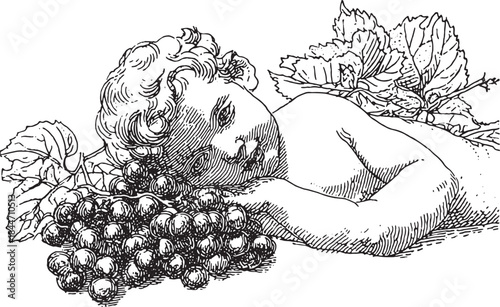 Naked boy reclining with grapes and leaves. Vintage vector illustration showcasing classic art style and nature.