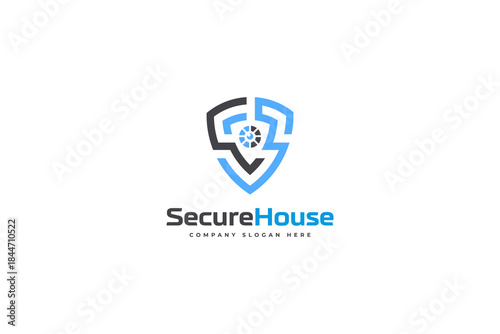 Home Protect logo design template. Vector shield and house logotype illustration. Graphic home security icon label. Modern building alarm symbol. Security sign badge