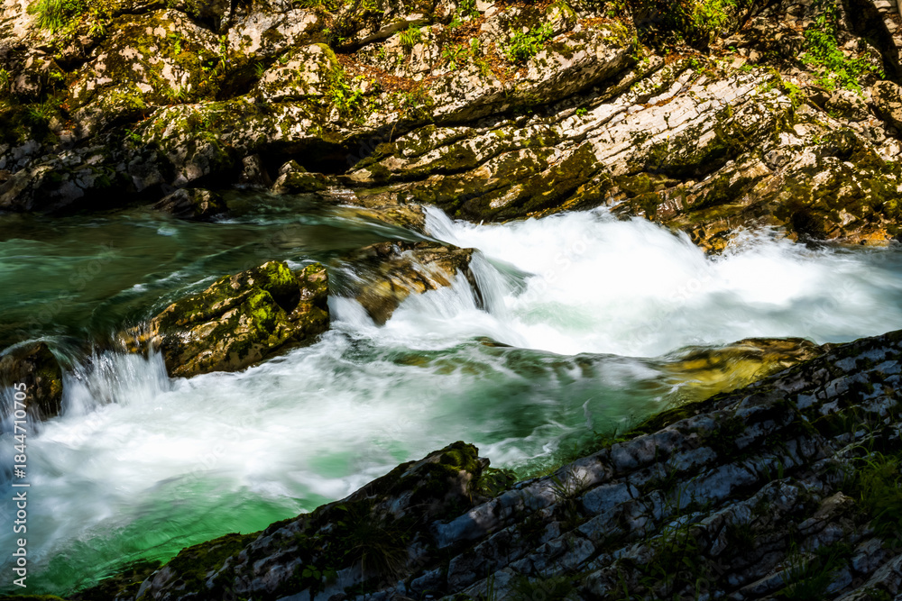 Fototapeta premium minimalist close-up of a river in a rocky canyon with lush greenery. clear water and dynamic flow. nature wallpapers