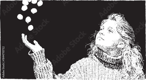 Juggling girl in sweater performing a skillful activity. Black and white vector illustration highlighting creativity and focus.