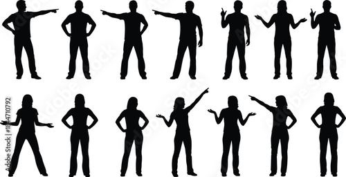 Men and Women Pointing Gesture Silhouettes Set Showing Standing People Hand Signals Communication Concept Black Vector Illustration