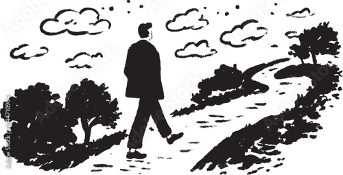 A man walking on a path in a scenic landscape. Black and white vector illustration featuring trees and clouds in a simple, illustrative style.