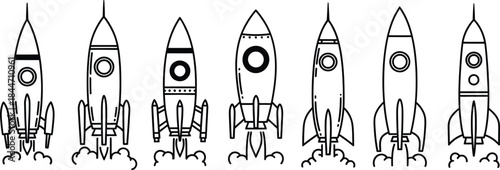 Collection of various rocket ship designs in black and white
