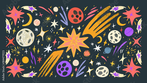 Colorful illustration of planets stars moons and comets in a dark space