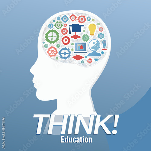 A human head silhouette filled with educational icons and gears representing thought