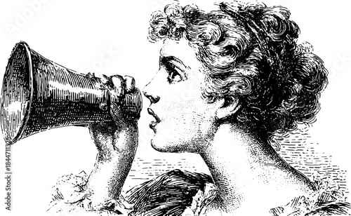 Woman using a megaphone to speak in a vintage style. Black and white vector illustration with detailed line engraving.
