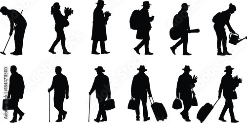 Walking Men Silhouettes Collection with Bags Tools Flowers Guitar and Travel Luggage Urban Lifestyle Black Vector Illustration