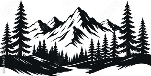 Mountain Landscape Vector Silhouette with Pine Trees and River. Vintage Outdoor Adventure Emblem or Nature Logo Template
