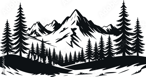 Mountain and Forest Landscape Silhouette. Outdoor Adventure Logo or Badge Template with Pine Trees and Rocky Peaks Vector EPS