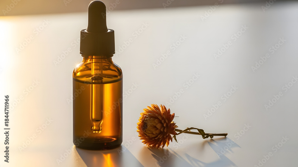 Fototapeta premium Amber glass essential oil bottle with sunlight and dried flower mockup