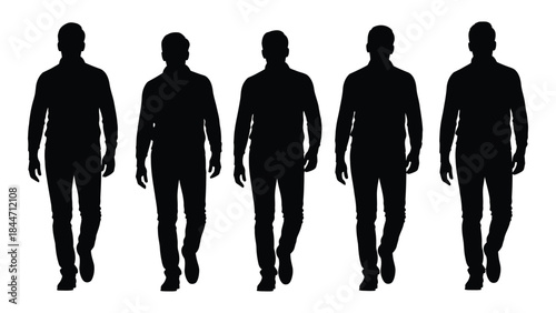 Five men walking forward depicted as dark shapes against a white background silhouette