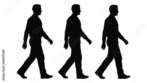 three men walking forward in a row a simple black and white silhouette