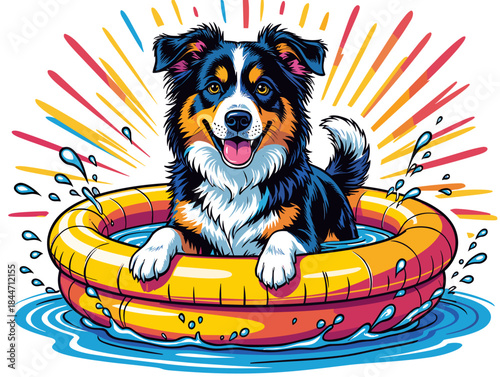 Dog standing happily in colorful baby pool with water splashes and sun rays