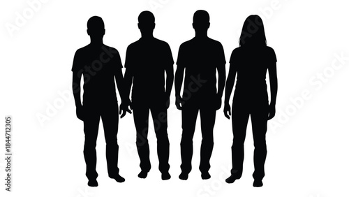 A group of five people standing closely together presented as a dark outline silhouette