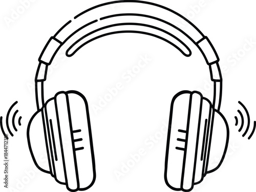 Headphone Silhouette Vector Featuring Over-Ear Audio Design with Sound Emission Lines in Minimalist Black Line Style