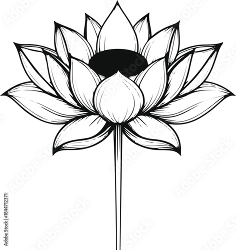 Single-line bold vector illustration of a blooming lotus flower, peace and meditation concept, clean white background 1