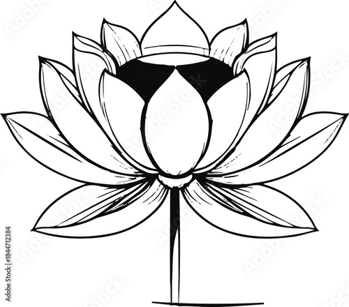 Single-line bold vector illustration of a blooming lotus flower, peace and meditation concept, clean white background
