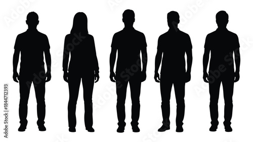 a row of five distinct human figures presented in a stark black silhouette