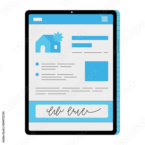 Modern tablet displaying real estate listing details with house icon, signature, and descriptive text for property search and online browsing convenience