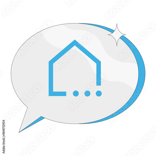 Modern home buying conversation icon with stylized house and speech bubble signifying communication and real estate opportunities for buyers and agents