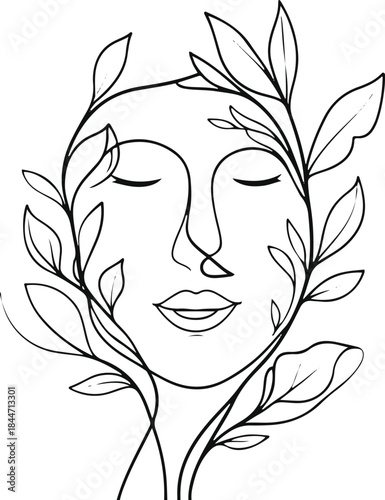 Minimal single-line illustration of a human face blended with abstract leaves, clean vector line art, bold stroke, no shading, white background


































