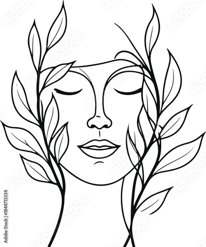 Minimal single-line illustration of a human face blended with abstract leaves, clean vector line art, bold stroke, no shading, white background 3