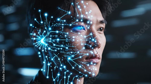 Asian Man with AI Interface - This video features a close-up profile view of an Asian man, his face overlaid with glowing blue circuitry patterns.