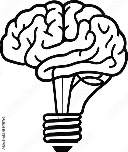 Minimal line art of a human brain shaped like a light bulb, creativity and innovation concept, bold outline vector