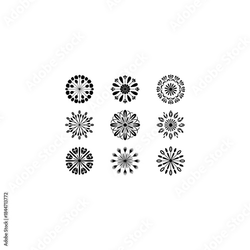 9 flower and leaf mandala designs, solid black vector fill