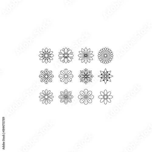 12 flower and leaf mandala designs, solid black vector fill