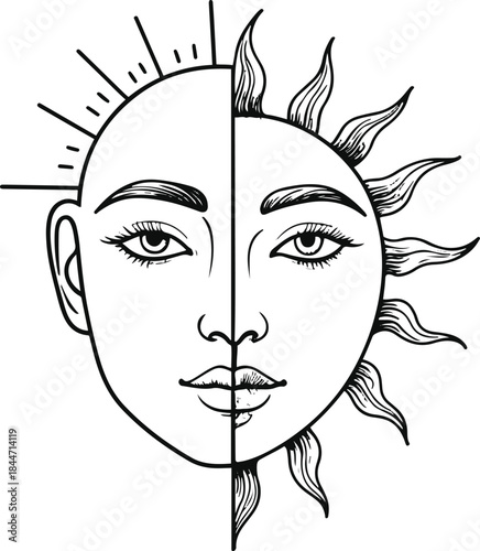 Minimal line art illustration of a face half human half sun, surreal abstract concept, clean bold strokes