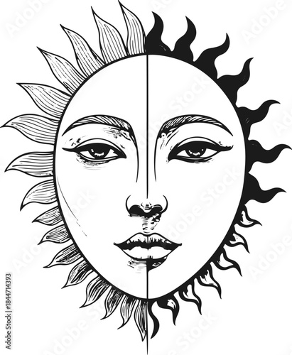 Minimal line art illustration of a face half human half sun, surreal abstract concept, clean bold strokes 1