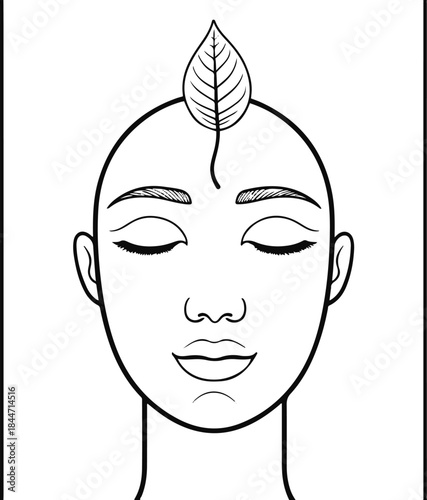 Minimal bold line art of a human face with closed eyes and a small leaf growing from the forehead, mindfulness and nature concept
