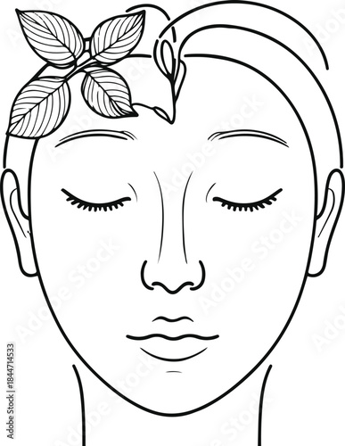 Minimal bold line art of a human face with closed eyes and a small leaf growing from the forehead, mindfulness and nature concept 1