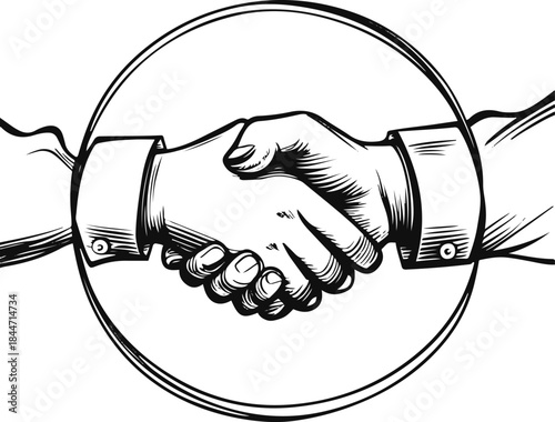 Continuous single-line art of a handshake forming a circle, trust and partnership concept