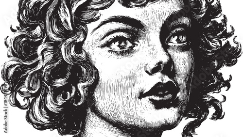 Woman portrait illustration with curly hair. Detailed black and white vector illustration emphasizing beauty and classic style.