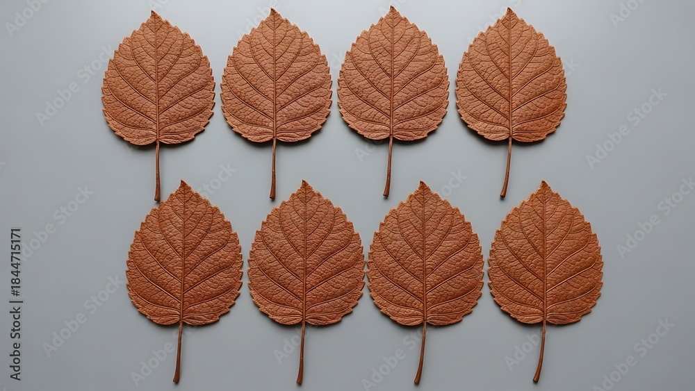Obraz premium Nine dried brown maple leaves arranged in two rows on a light gray background dried leaves autumn leaves