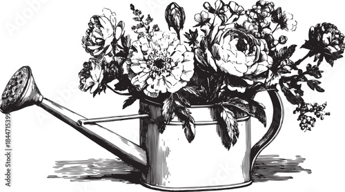 Vintage watering can with a floral arrangement. Black and white vector illustration showcases gardening in a decorative style, ideal for design.