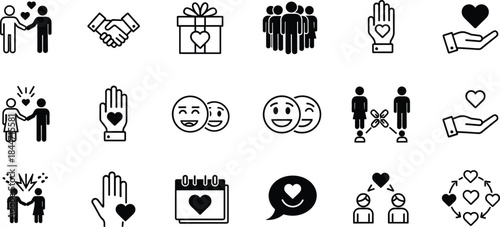Love and relationship icon set, friendship care support symbols, romance emotion charity unity vector illustration collection isolated