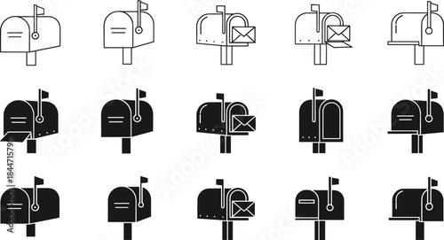 Mailbox icon set with open closed envelopes, black outline solid vector symbols isolated white background postal design mail delivery collection